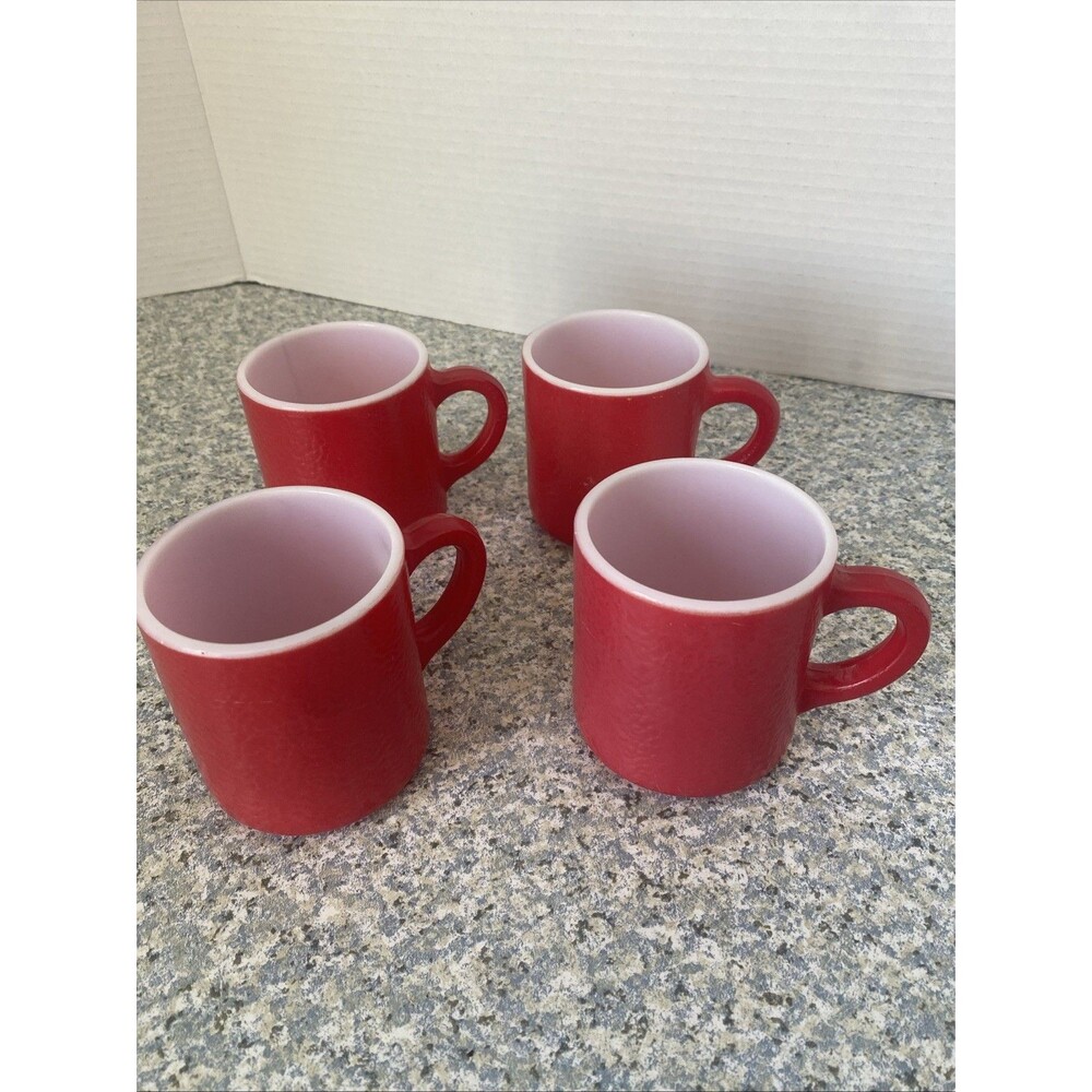 Vintage  Red Hazel Atlas Milk Glass Set Of 4 Mugs Orange Peel Texture